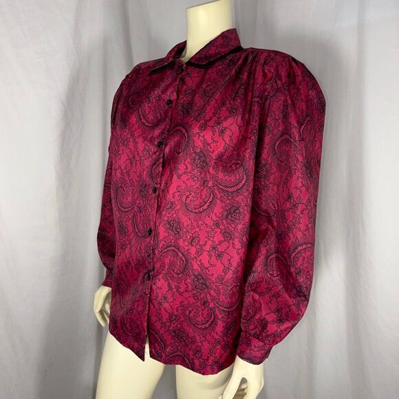 Vintage Lady Manhattan Plus Red Lace Print Blouse 22W / 42 | Puff Sleeve Button - Picture 4 of 14